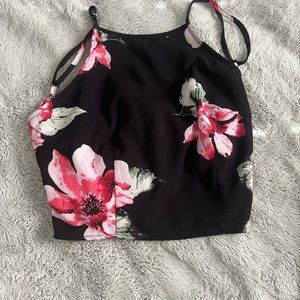 Size small black with pink flower open back adjust tight top